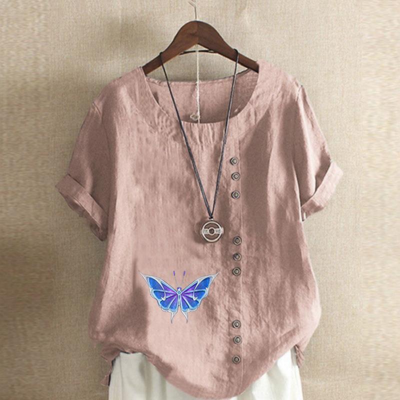 Damenmode Rundhals Kurzarm T-Shirt Lässiges Baumwollleinen Grafikhemd Freizeit Lose Schmetterling Bedruckte Sommerbluse Tops
