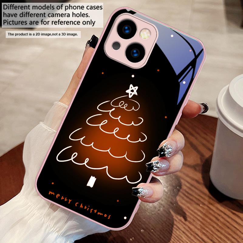 White Line Christmas Tree For iPhone 17 Air 16 E 15 14 13 Plus 12 Mini 11 17 Pro Max XR Xs Max 16E 7 8 Tempered Glass Phone Case