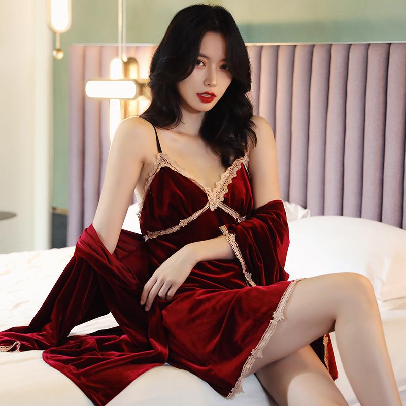Sexy Lace Kimono Bathrobe Dress Autumn and Winter Velvet Two-piece Pajamas Loose Velvet Home Clothes Women's Home Clothes