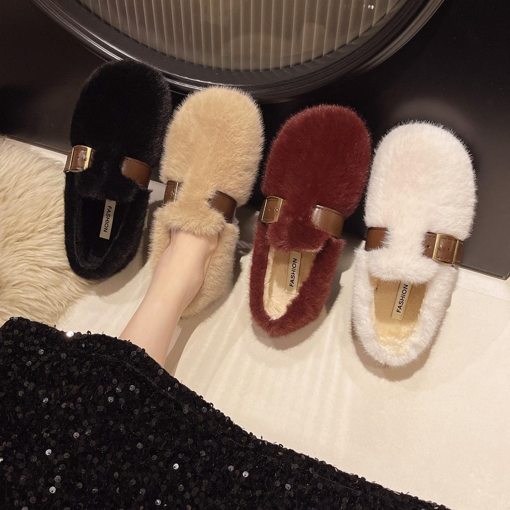 French Fluffy Shoes for Women's Outer Wear 2025 Autumn and Winter New One-pedal Plush Mary Jane Doudou Single Shoes Cotton Shoes