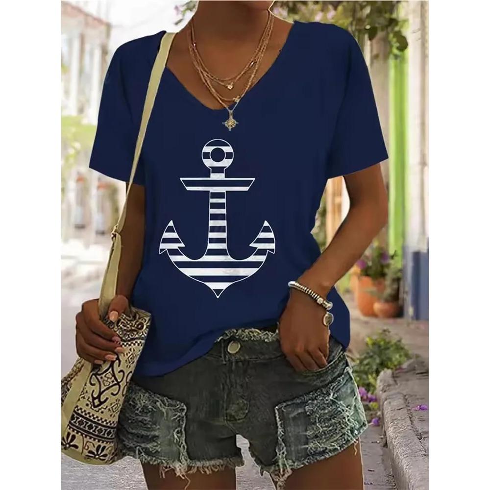 Stripe Printed T-shirt Fashionable Loose Short Sleeved Round Neck Versatile Comfortable Women's V-neck T-shirt