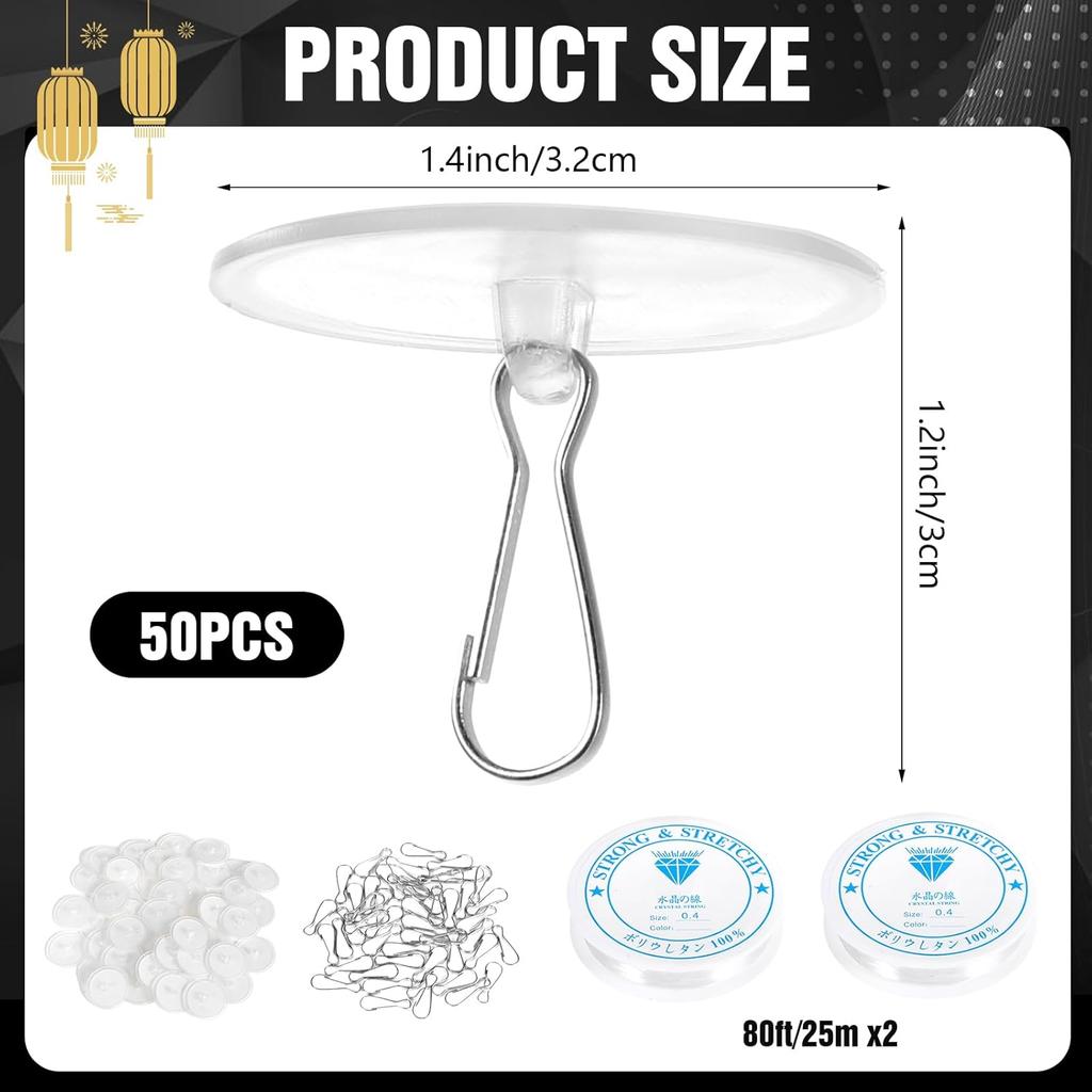 10-Pack Self-Adhesive Ceiling Hooks with 80ft Hanging Line for Paper Lanterns Hanging, Removable Sticky Damage-Free No-Drill Ceiling Wall Hooks for