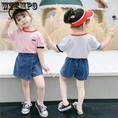 Kurzärmeliger Sommeranzug für Mädchen im koreanischen Stil, lässiges T-Shirt, Jeansrock, kurze Hose, zweiteiliges, einfarbiges, dünnes Sommerset