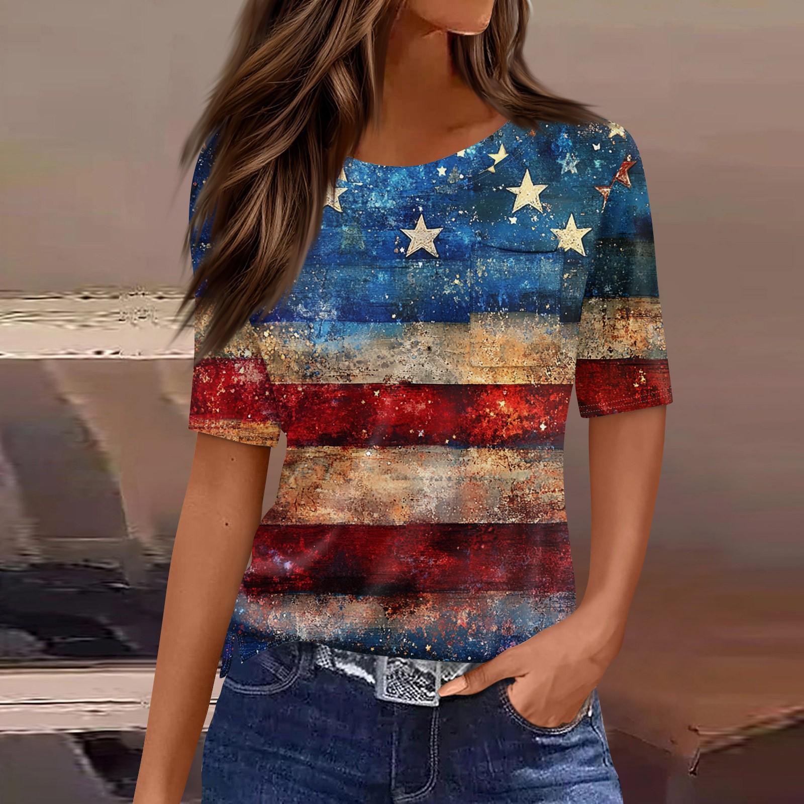 

Women s Round Neck Pocket Independence Day Print Short Sleeve T-Shirt Top XXL