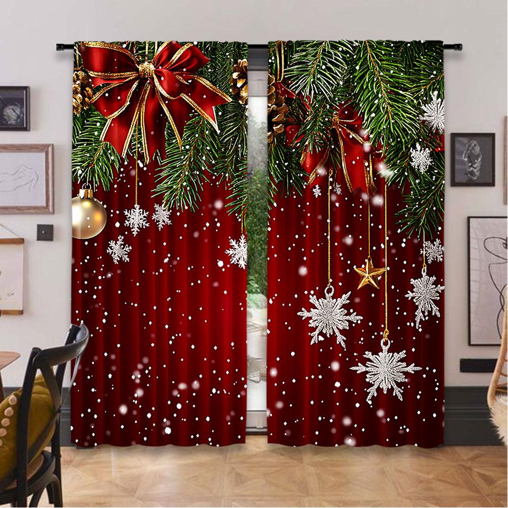 2Pcs Christmas Curtains Classical Pine Tree Snowflakes Red Green Xmas Room Suitable For Living Room Bedroom Kitchen And Bathroom