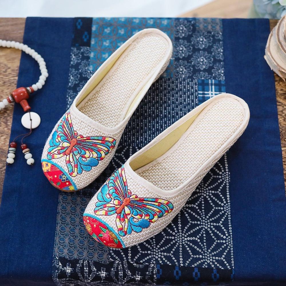 Mote Nye Kinesisk Stil Dame Broderte Tøfler Damer Retro Slides Kvinner Ryggløse Flate Sko Blomster