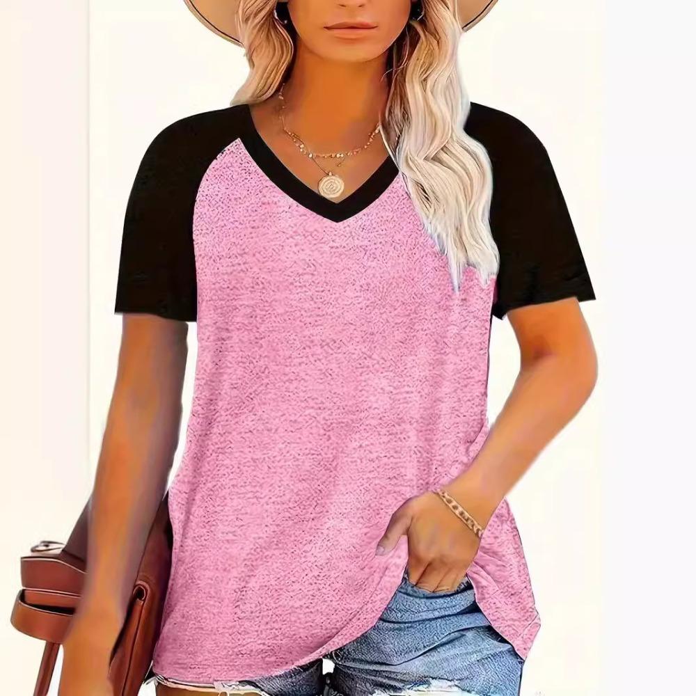 Amazon's new women's crew neck shoulder plug contrasting short-sleeved V-neck T-shirt is casual and versatile