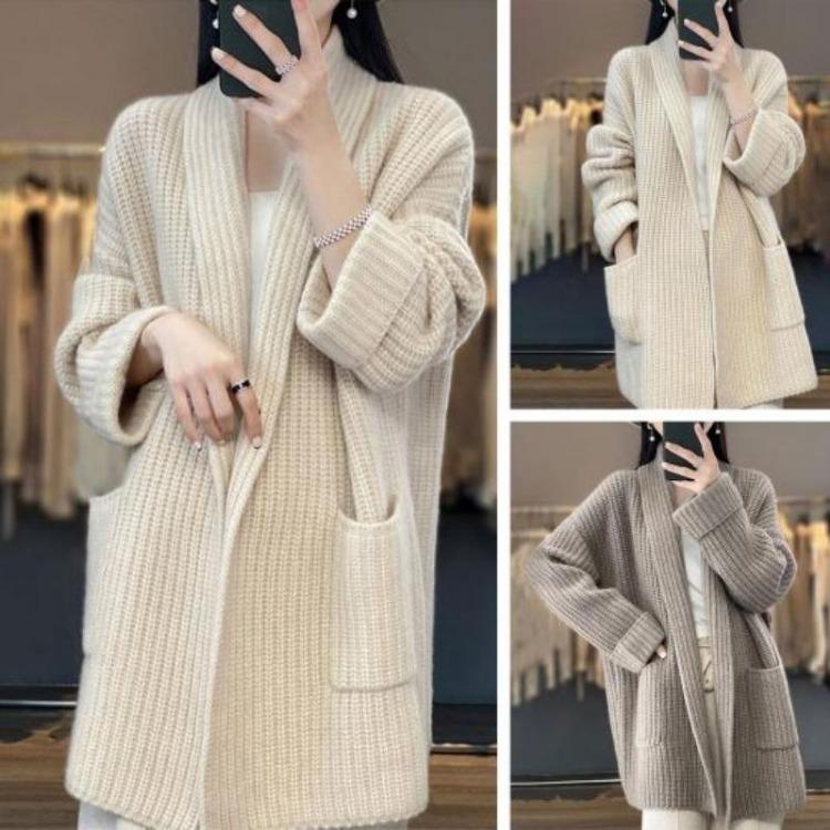 Fall Winter Womens Cardigan Sweater Lapel Open Stitch Knit Loose Thick Warm Soft Elastic Long Sleeve Mid Length Coat Jacket Plus Size Pockets