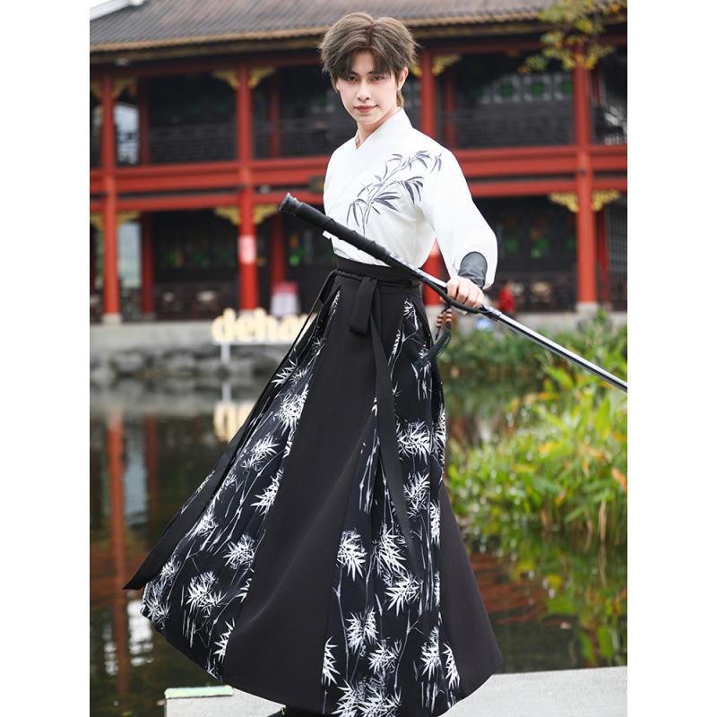 Men's Chinese Style Hanfu Set, Bamboo Embroidery Cross-Collar Wuxia Martial Arts Costume