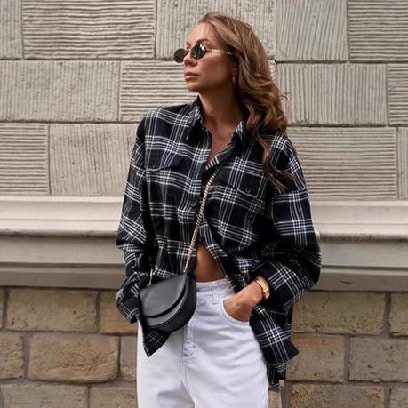 American black and white plaid shirt women's 1116 autumn street casual loose outside stacked women's shirt
