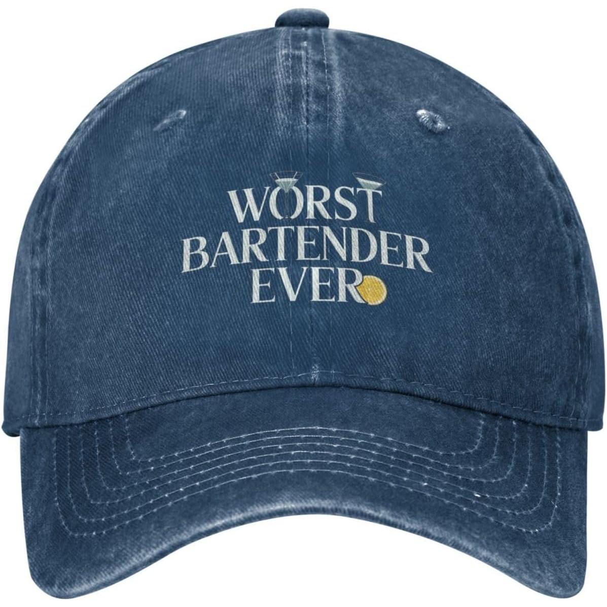 

Worst Bartender Ever Funny Baseball Cap Distressed Cotton Casual Hat for Adults Can Be Adjusted темно-синий