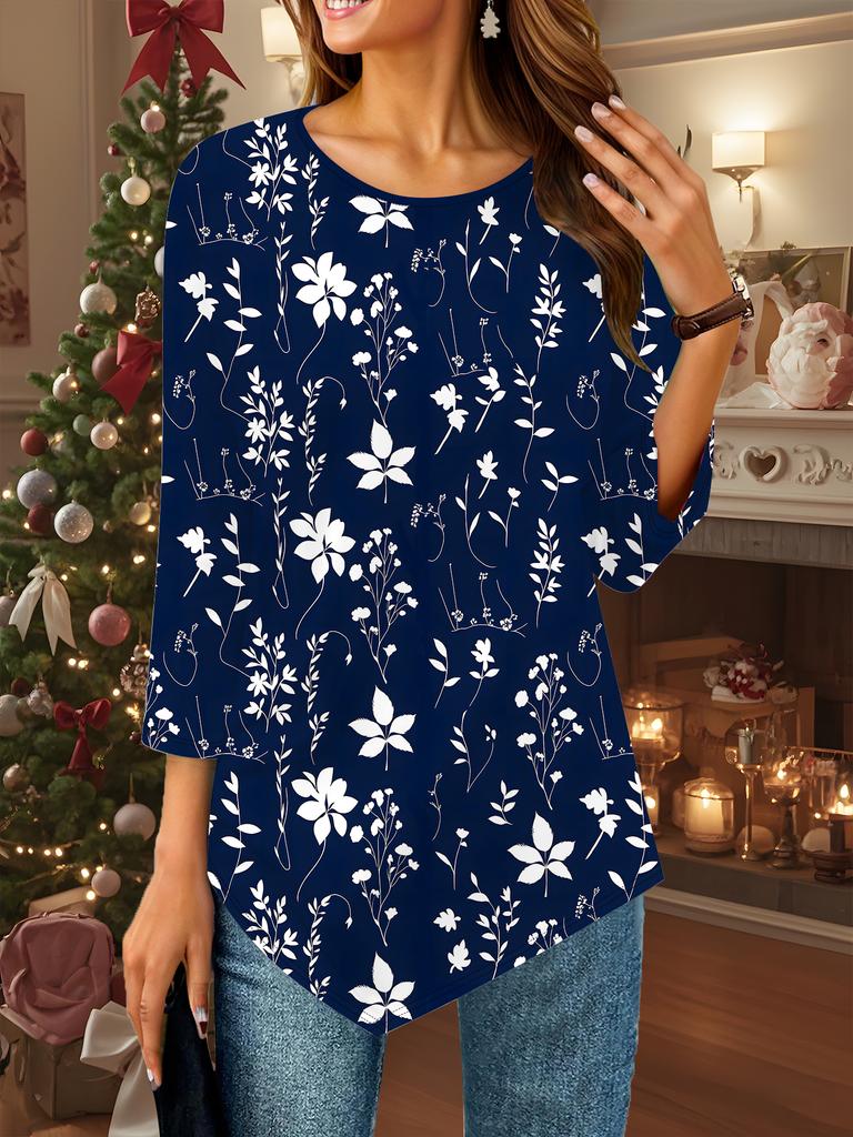 Women's Loose Round Neck Three Quarter Sleeve Tee 3D Christmas Pattern Ideal Halloween and Christmas Gift