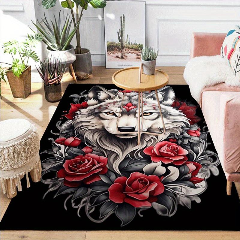 1pc White Wolf and Red Rose Print Design Area Rug - Soft, Anti-Slip, and Durable Gaming Room Decor for Bedroom