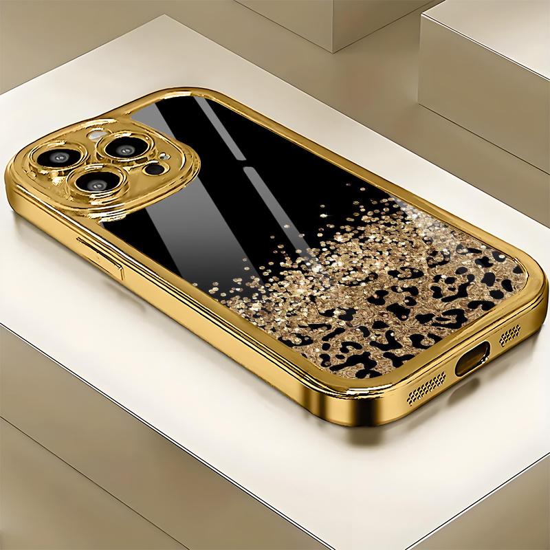Leopard print black gold sparkling glass phone case suitable for iPhone17 16 15 14 13 12 11Pro/Max/Plus anti drop and shockproof