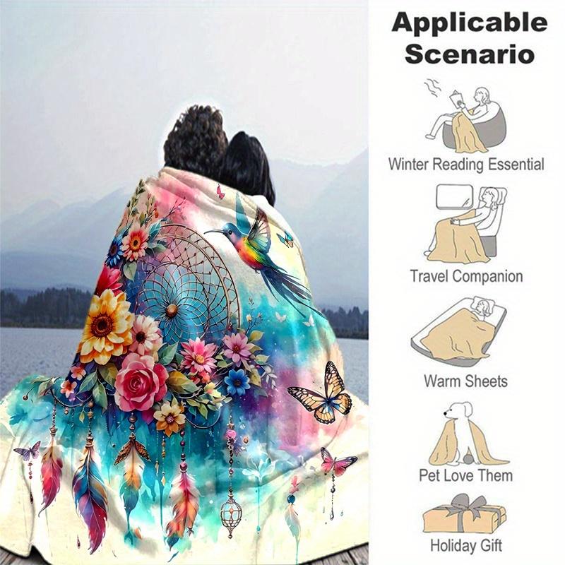 1pc Birds Flowers Butterflies and Feathers in a Fantasy Garden  Soft Warm Home Decorative Blankets for Couch Bed Sofa, Living Room, Travel, Camping