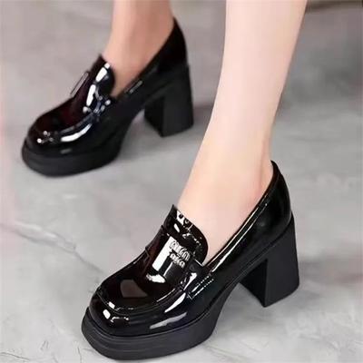 British Style Small Leather Shoes Women's 2024 Medium Heel Platform Waterproof Table Patent Leather Retro Versatile Single Shoes High Heels Tide Ins