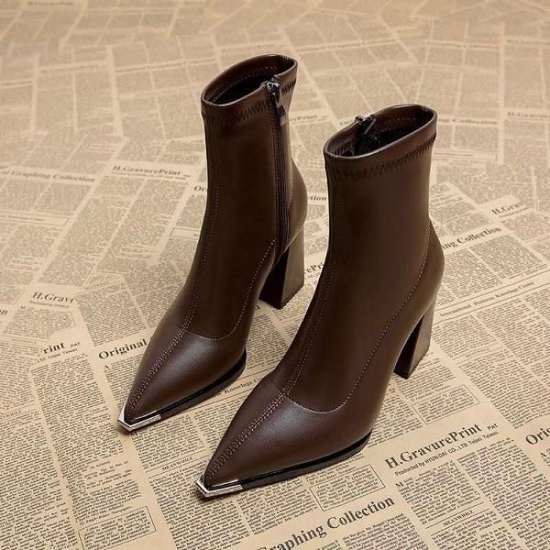 Fashion Brand Pu Black Ankle Boots 2025 Autumn French Retro Pointed Toe High Heel Chelsea Boots Metal Decoration Designer Short Booties