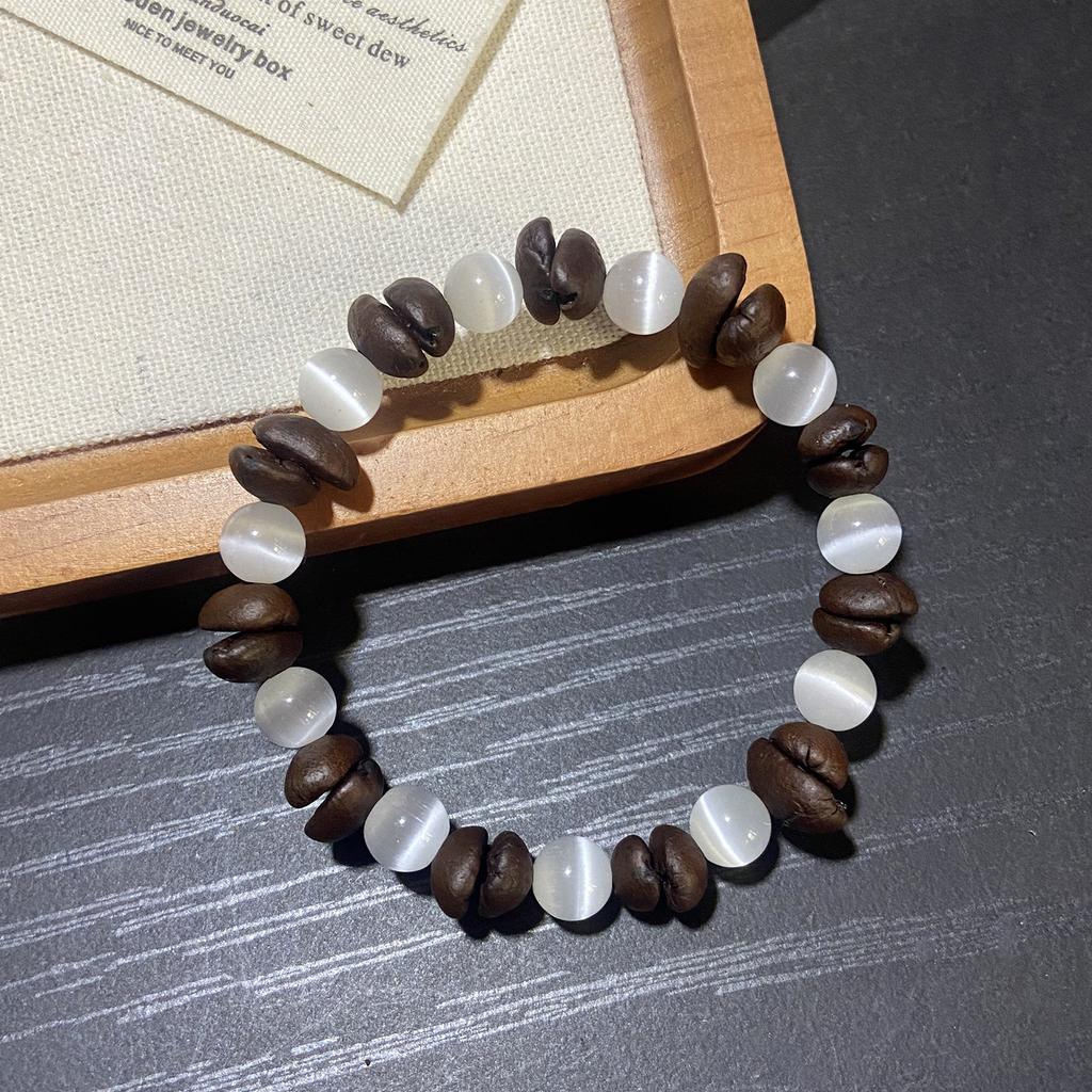 New Chinese-style genuine coffee bean cat's eye stone bracelet for men and women, vintage irregular beaded elastic bracelet for couples