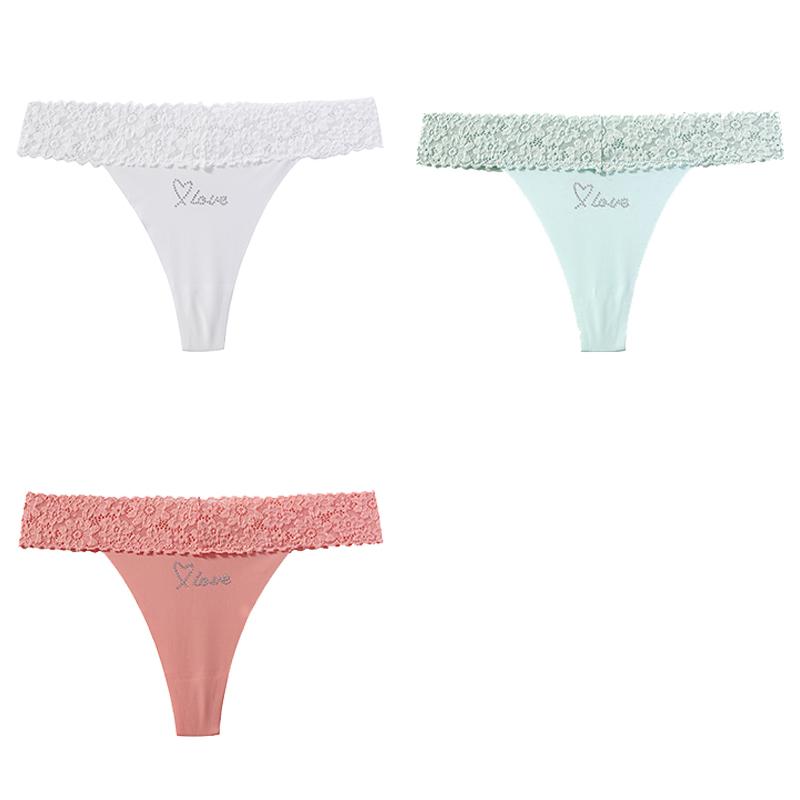 CINOON 3 Stück/Los Damen Sexy Niedrig geschnittener Tanga Spitze am Bund Nahtloser Slip Einfarbiger Leichter Atmungsaktiver Tanga