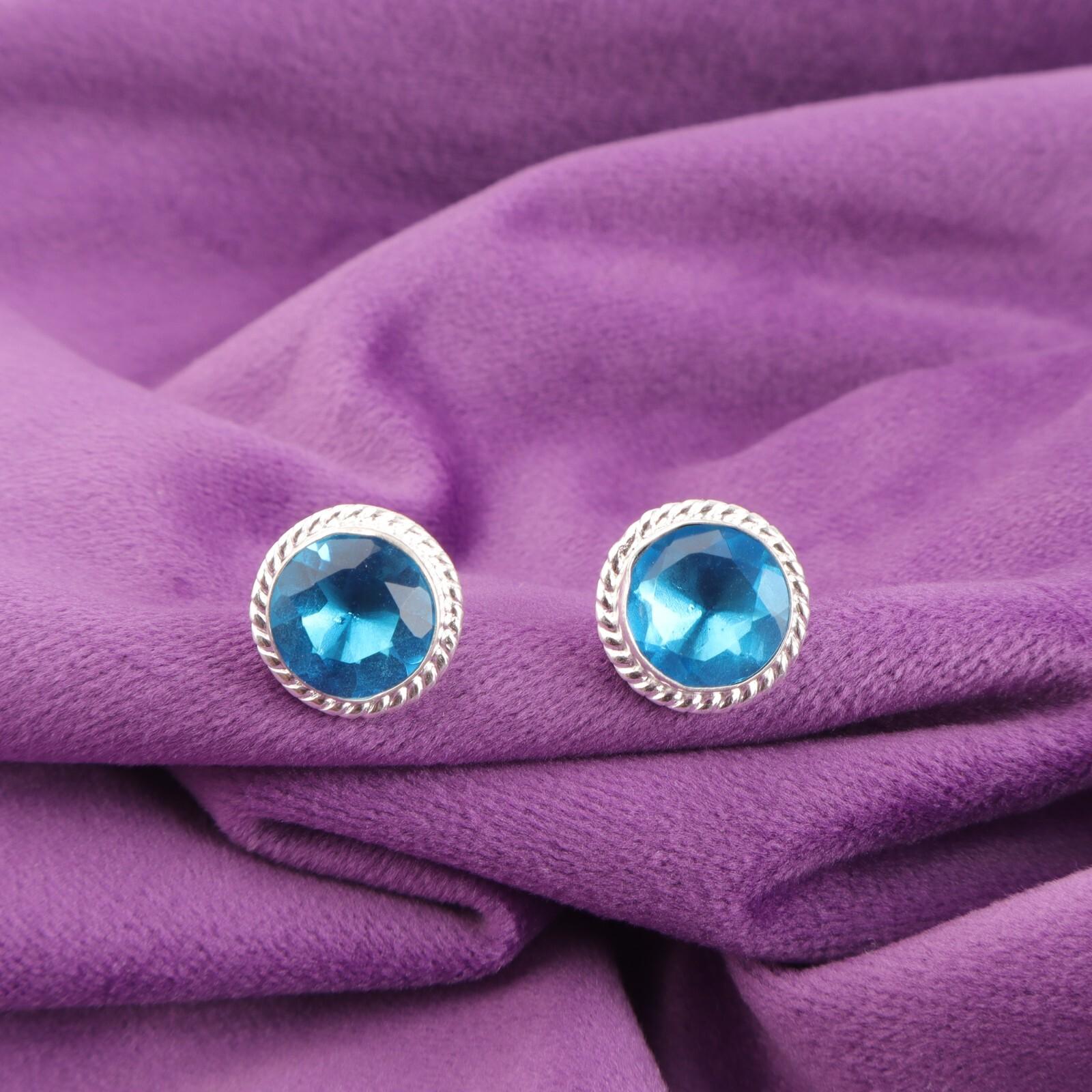 

Круглый Натуральный Швейцарский Голубой Топаз 925 Стерлинговое Серебро Подарок Жене Серьги-пусеты EE-147-5