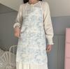 French Style Watercolor Print Apron with Ruffle Hem Adjustable Neck and Waist Straps Cotton Cooking Apron for Women