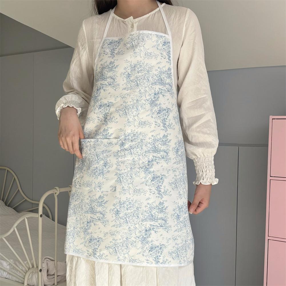 French Style Watercolor Print Apron with Ruffle Hem Adjustable Neck and Waist Straps Cotton Cooking Apron for Women