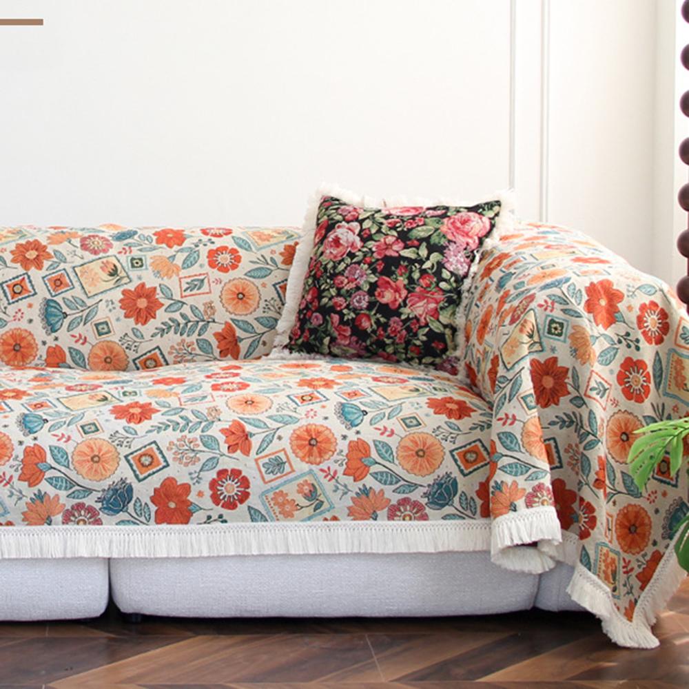 Lake Blue Jacquard Floral Sofa Cover Towel Anti-Cat Scratch Retro Festival Multifunctional Sofa Blankets Universal Sofa Cover