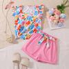 Mädchen Freizeitanzug Sommer Kindermode Farbkontrast Bedrucktes Kurzarm-Top Shorts Zweiteiler