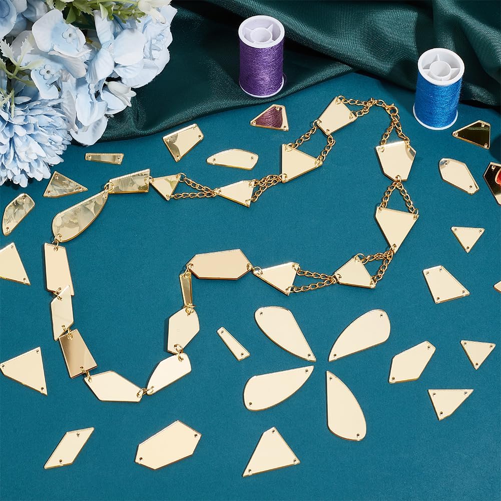 PH PandaHall 180pcs Sew on Mirror Rhinestones 18 Style Sew on Acrylic Mirror, Flat Back Mirror Beads Acrylic Pieces with Holes for Costume Evening