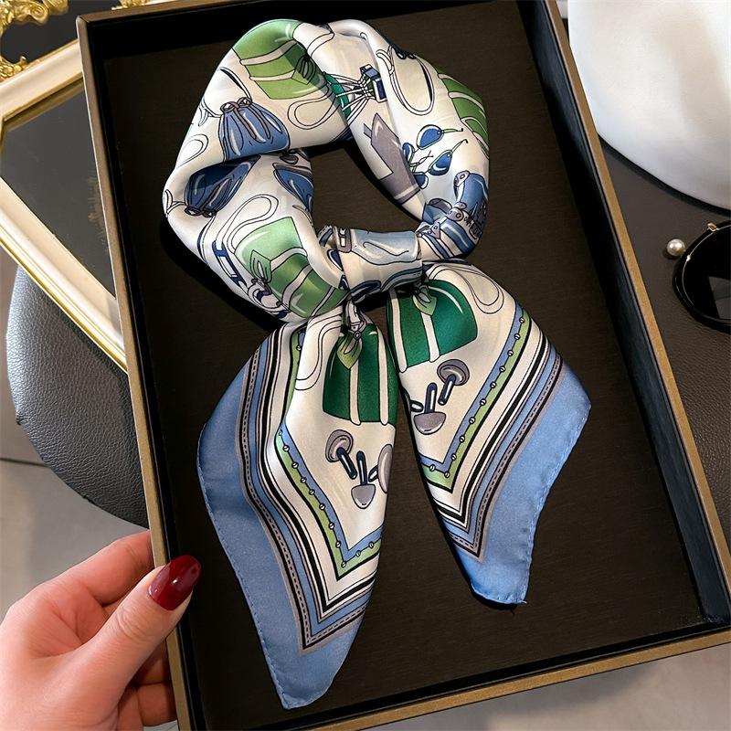 New retro French silk scarf 71cm small square scarf versatile professional scarf women's simulated silk scarf sunscreen shawl
