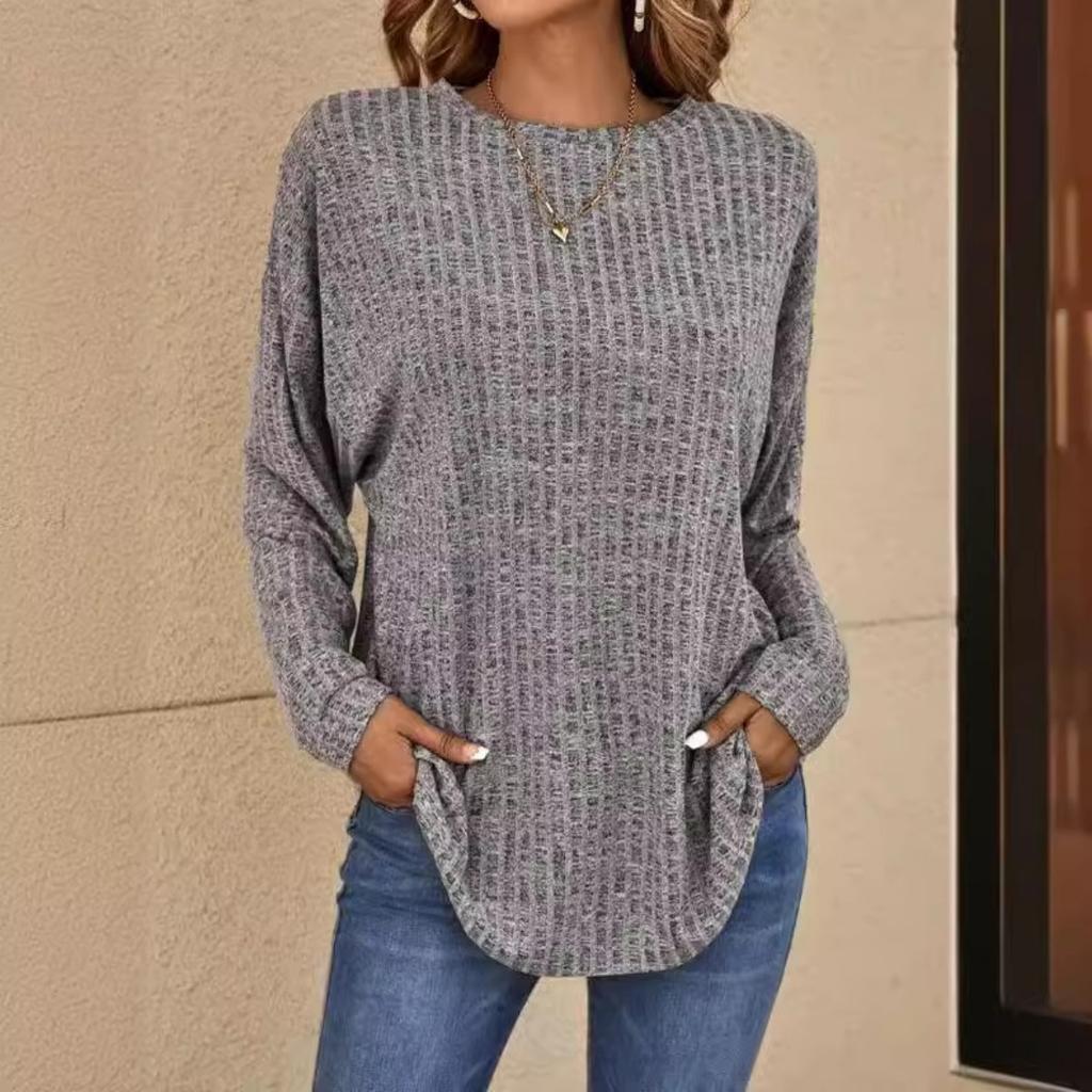 Fall New Ribbed Crew Neck Loose Long Sleeve Knit Top T-shirt for Women European American Style