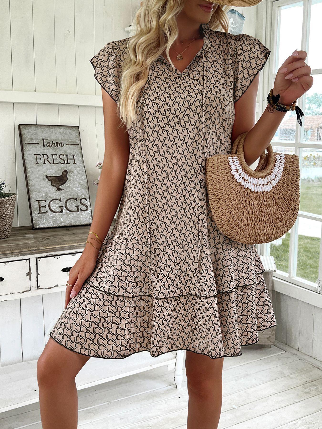 Women s Bohemian Print V-Neck Tie-Waist  Sleeve Dress L