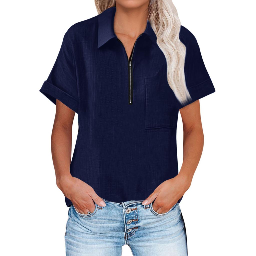 Women Summer Top Short Sleeve Fit Shirt  Fashion Casual Clothes Shirt Half Zipper Short-sleeved Top