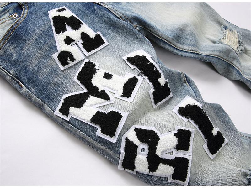 Verwaschene Blaue Distressed Bestickte Herren Skinny Jeans