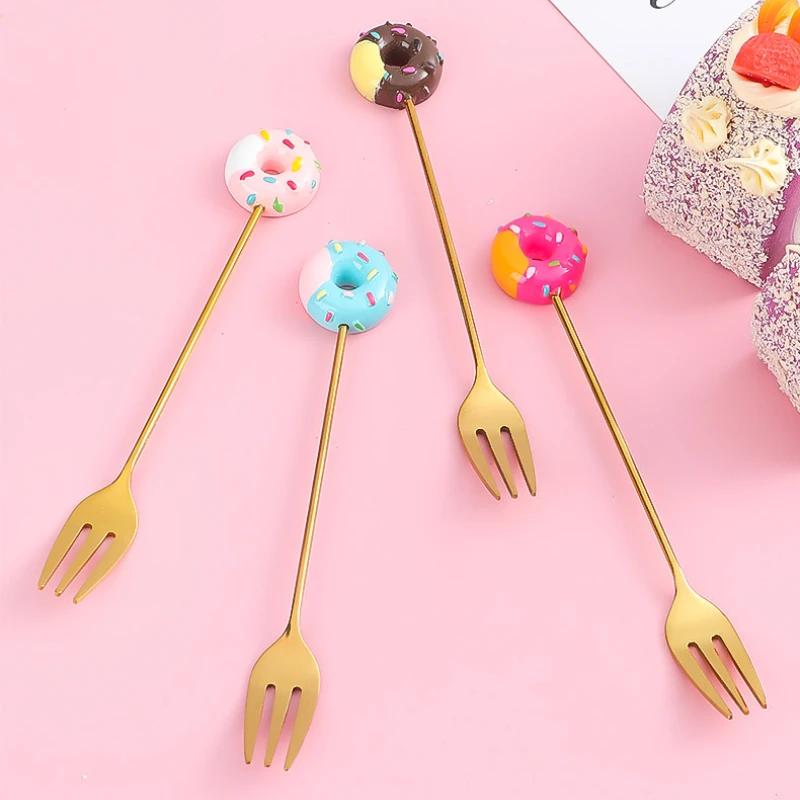 Cuillère-Fourchette Donut Mignonne en Acier Inoxydable Cuillères à Glace Gâteau Dessert Cuillère à Remuer le Café Bonbon Mignon Dessin Animé Cuillère à Thé Vaisselle