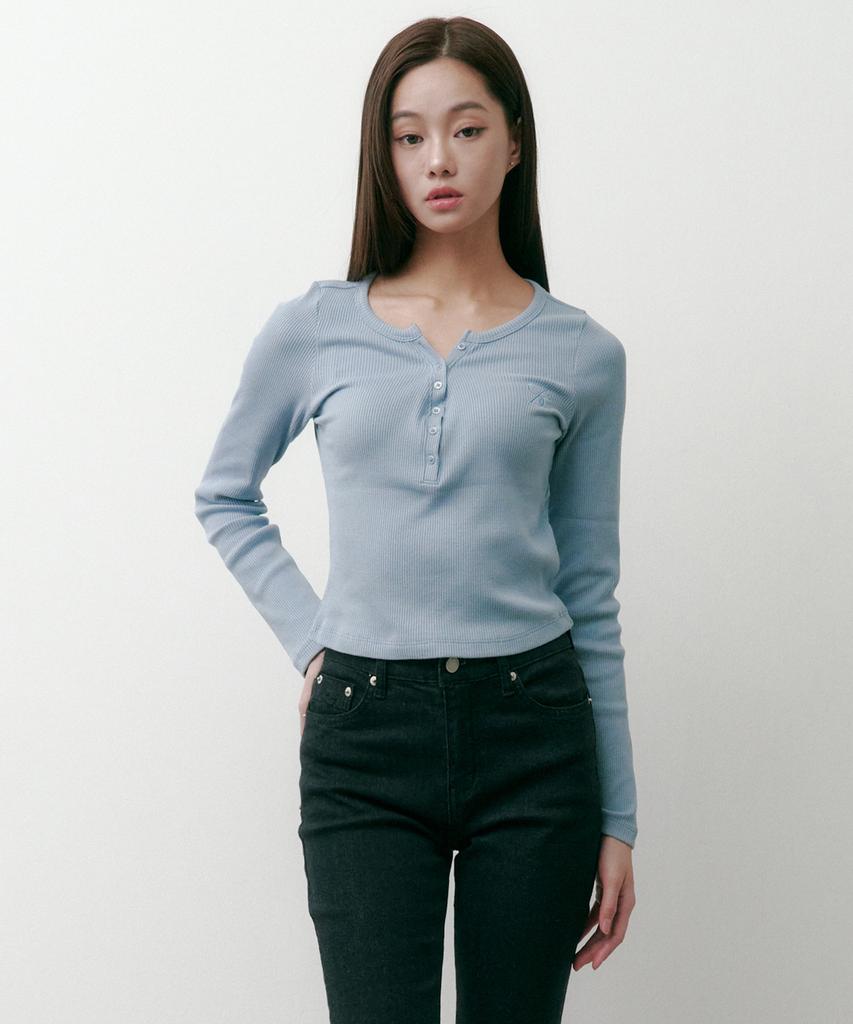 Solteuaenchokollis Ribbed Henley Neck Long Sleeve T-Shirt Sky Blue 4W2511001