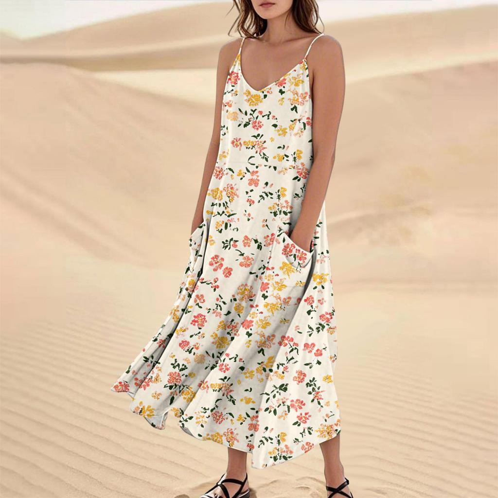 Women's Fashion Casual Floral Print Sleeveless Pocket Long Beach Dress