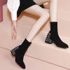 2025 Black Suede Round Toe Ankle Boots with Pearl Rhinestone Detail for Men