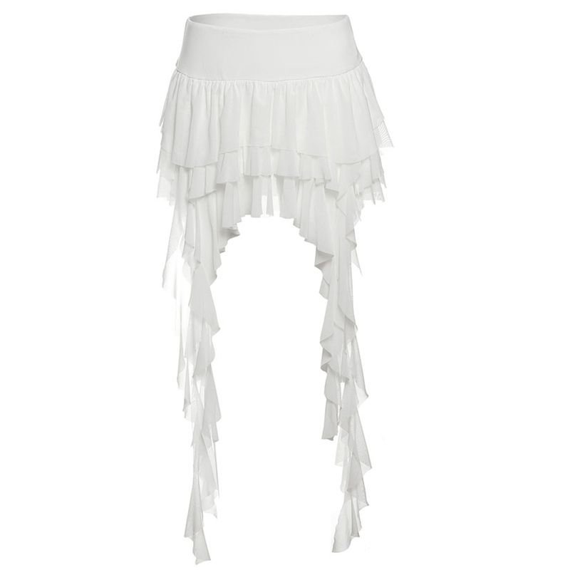 

# Sisjuly# French Heart Melody Crush Mesh Asymmetrical Layered Ruffles Ribbon Skirt for Women White S