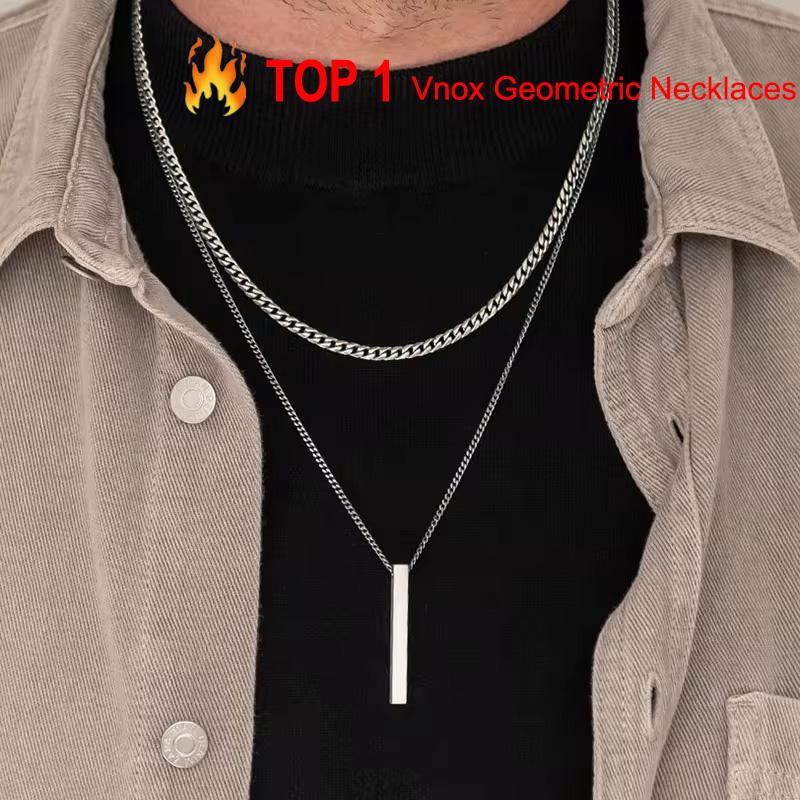 Vnox 3D Vertical Bar Necklaces for Men, Layering Stainless Steel Geometric Pendant, Layered Wheat Rope Cuban Chain, Boy Collar
