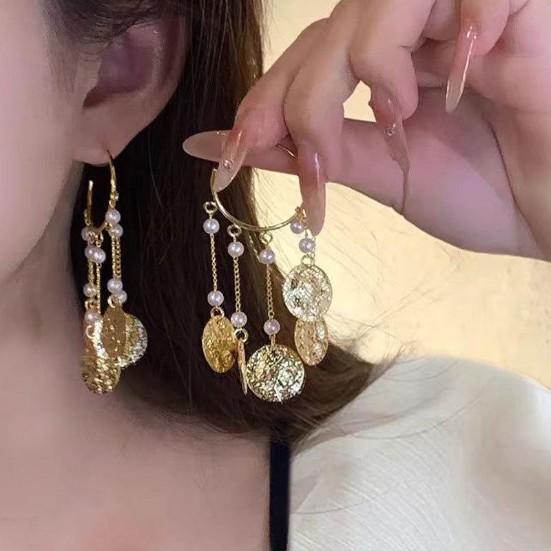 Super Fairy Pearl Fishtail Fringed Earrings, Premium Female Texture Metal Disc Earrings, 925 Silver Needle Jewelry.