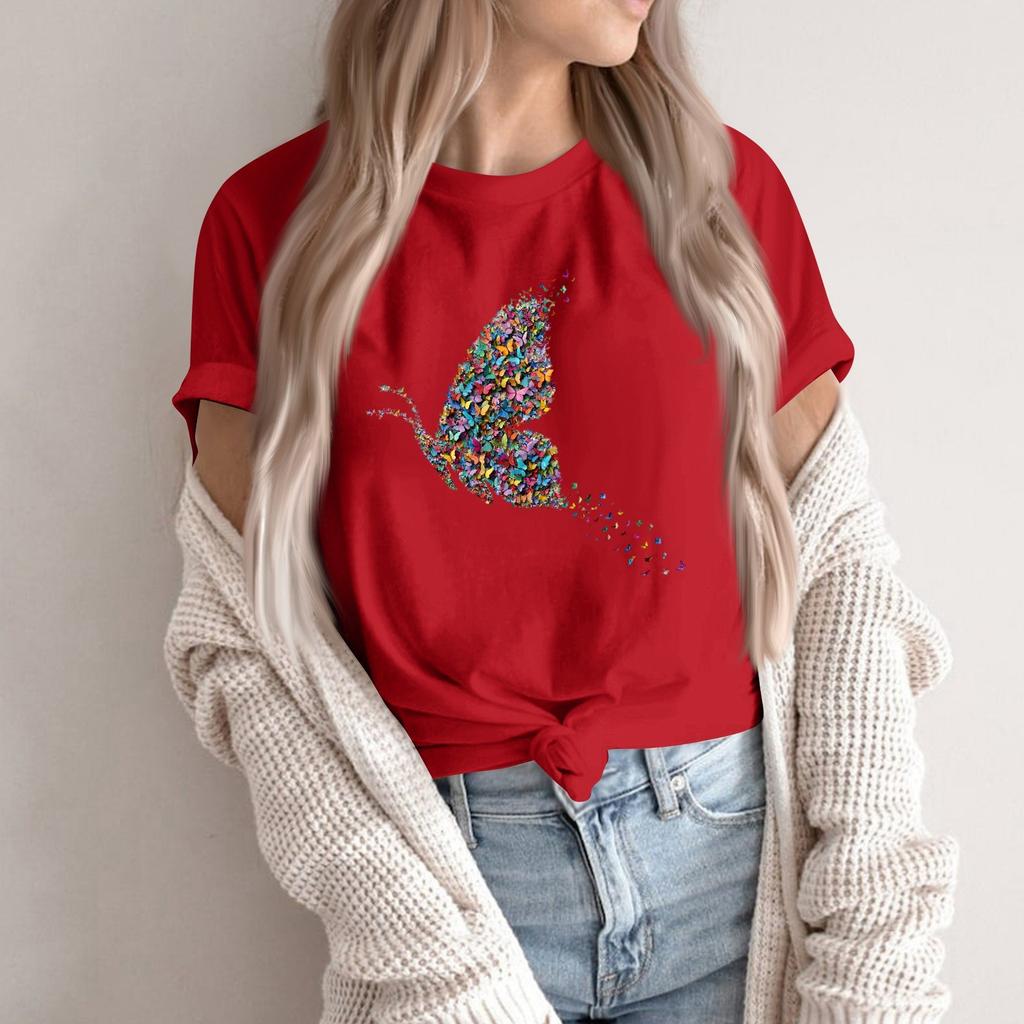 Women's Fashion Casual Printed Round Neck Short Sleeved Pullover T-Shirt Top