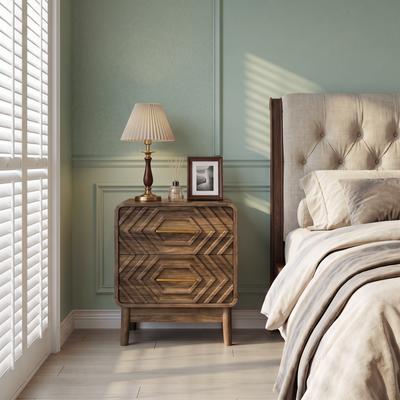 Geometric Carved Style Bedside Table with Two Drawers, Curved Edge Bedside Table, Walnut Veneer Side Cabinet, Bedroom Storage Desk