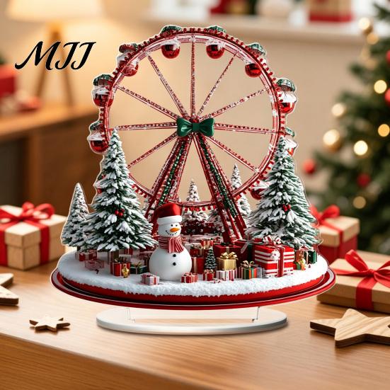 Ferris Wheel Display 2D Acrylic Christmas Tabletop Decoration, Festive Village Scene Ornament Playground Theme with Snowman & Trees, Holiday