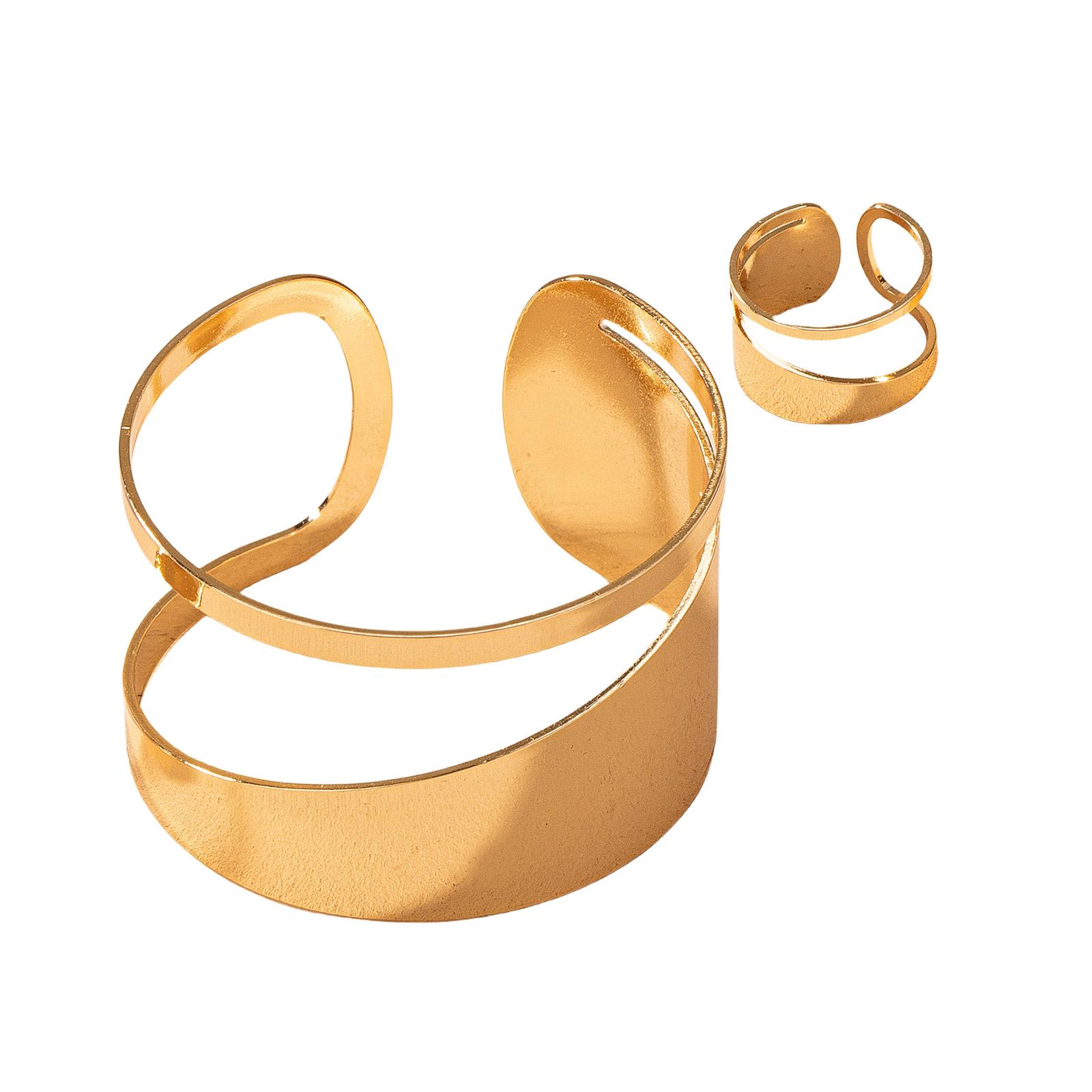 

Женский набор из золотого кольца и браслета-манжеты. Уникальный набор золотых браслетов-манжет и колец. Полый круглый ювелирный набор.