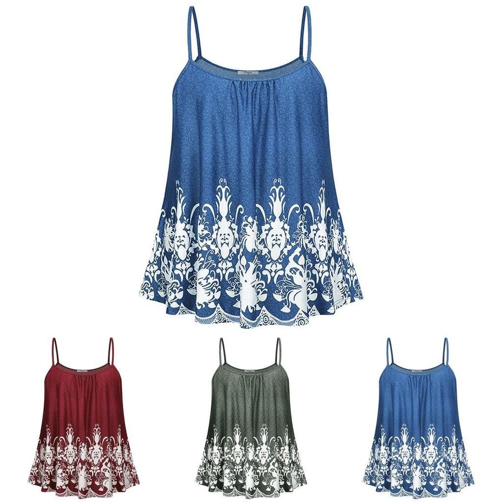 Elegant Women Print Loose Casual Summer Pleated Flowy Sleeveless Camisole Tank Tops