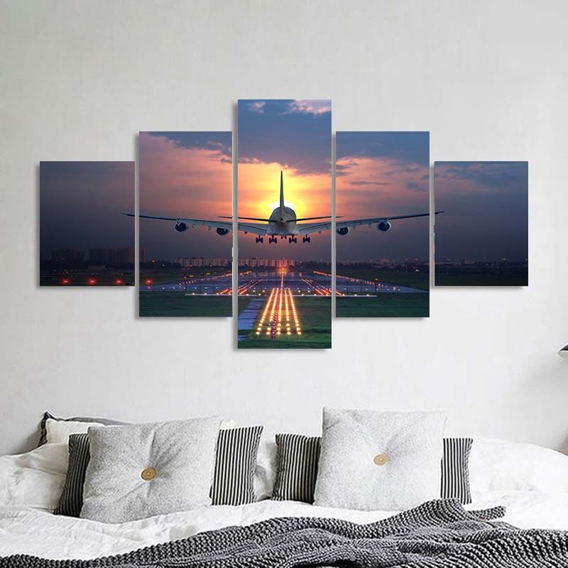 Modern 5 Pieces Airplane Poster Canvas Painting Landscape Sunset Backlight Lawn Wall Art Pictures for Living Room Decor No Frame