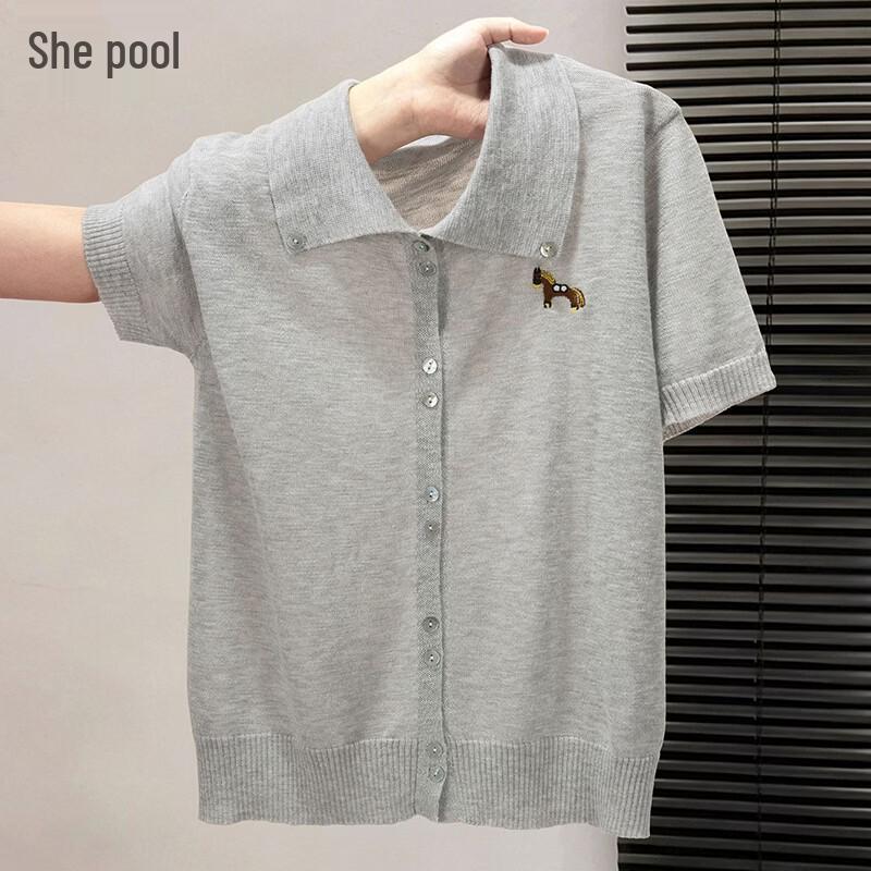 Women s Embroidered Lapel Ice Silk Knit T-Shirt L