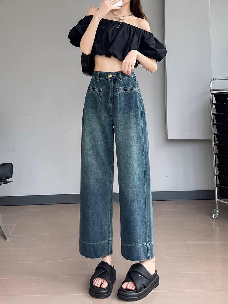 

Retro High-Waisted Wide-Leg Jeans for Plus Size Women - Flattering Loose Fit for Petite Spring Fashion L [Recommended 106-120]