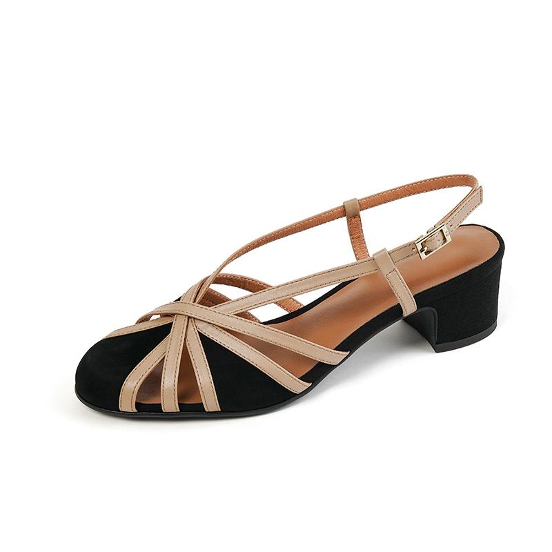 

Брендовые женские сандалии VANGULL, женская обувь в тон в стиле ретро с низким квадратным носком и толстым каблуком Baotou 40 чёрный/абрикосовый